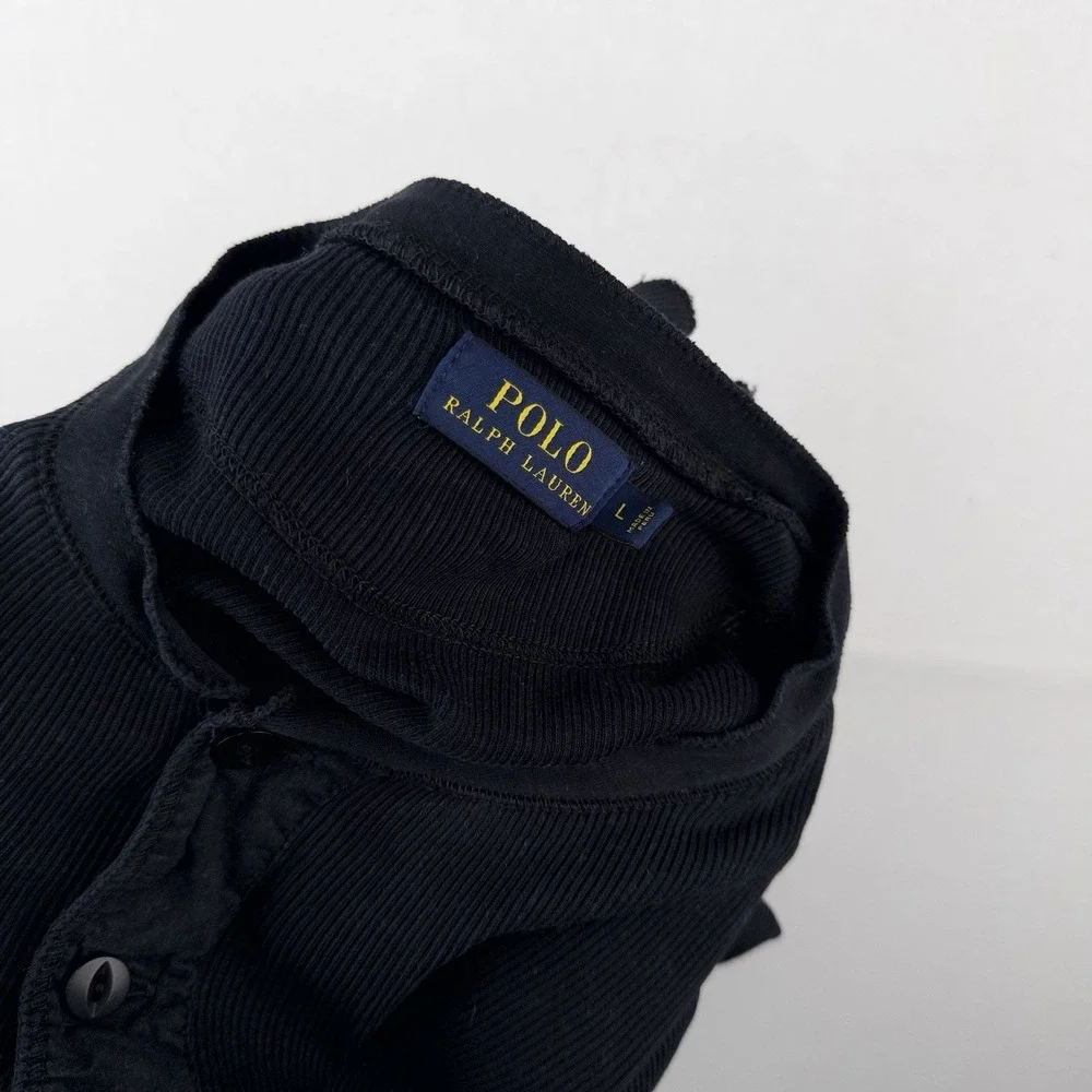 Polo Ralph Lauren Black Ribbed Lightweight Henley Shirt Men's L *Distressed